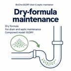 BioOne B1DRY drain & septic maintainer: Dry-formula maintenance information graphic