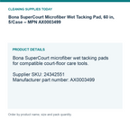 Bona SuperCourt Microfiber Wet Tacking Pad, 60 in, 5/Case – MPN AX0003499 — details guide