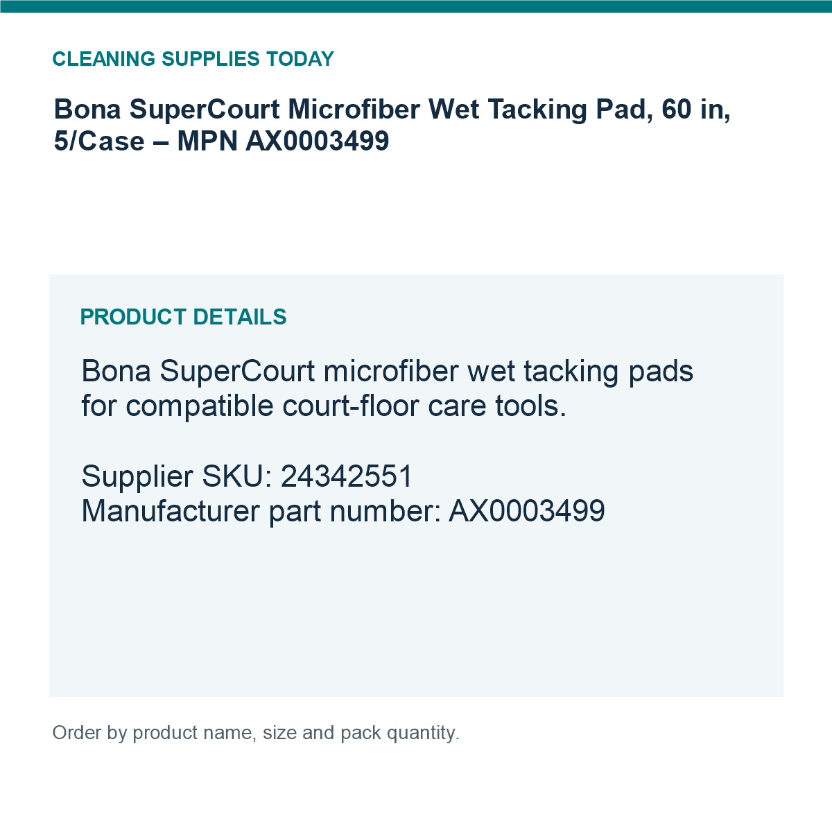 Bona SuperCourt Microfiber Wet Tacking Pad, 60 in, 5/Case – MPN AX0003499 — details guide