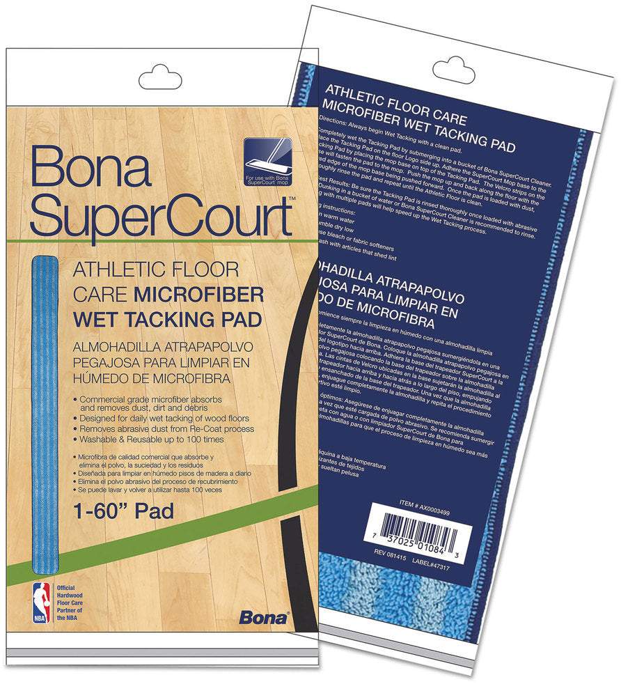 Bona SuperCourt AX0003499 60-inch blue microfiber wet tacking pad, front and back retail sleeve; five pads per case