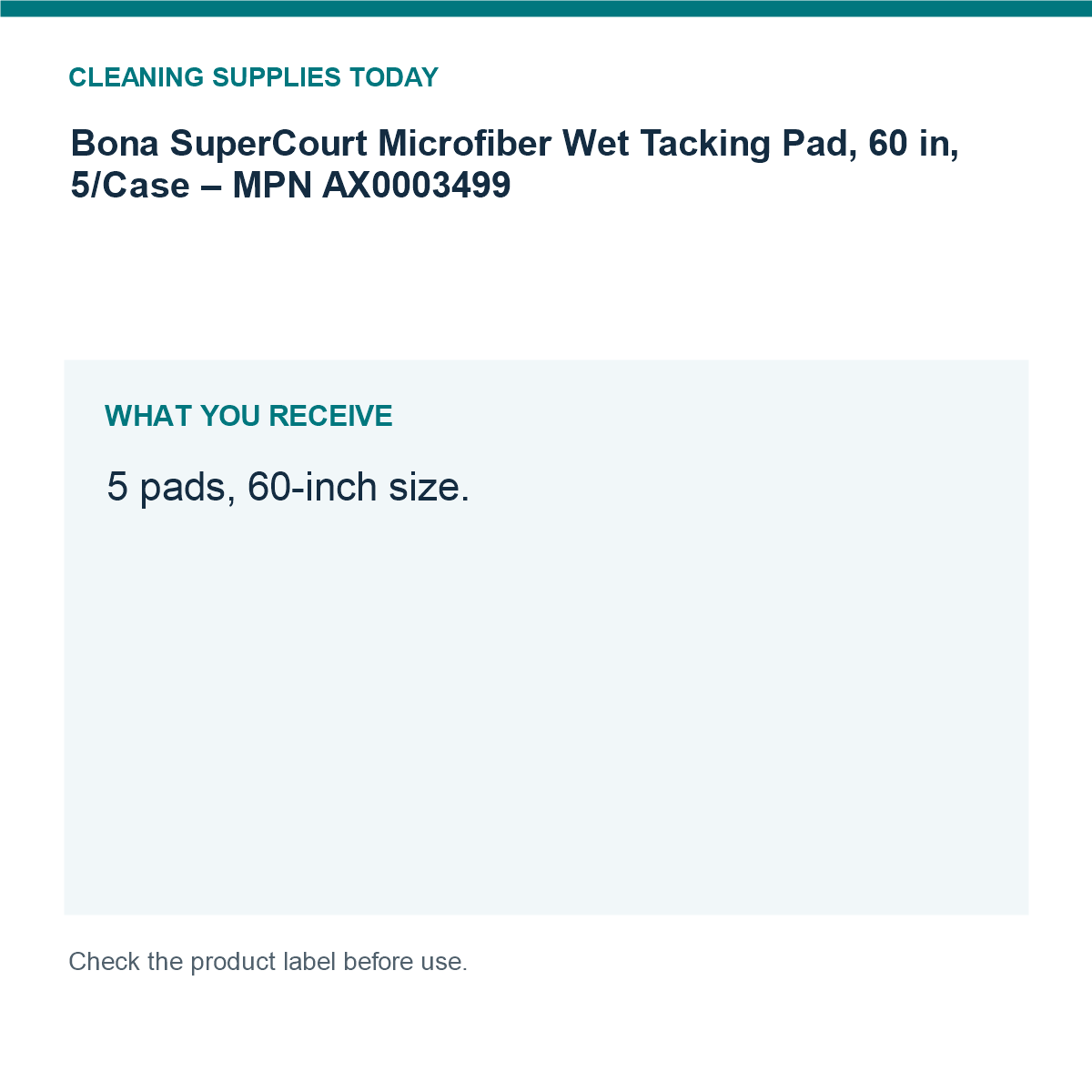 Bona SuperCourt Microfiber Wet Tacking Pad, 60 in, 5/Case – MPN AX0003499 — pack guide