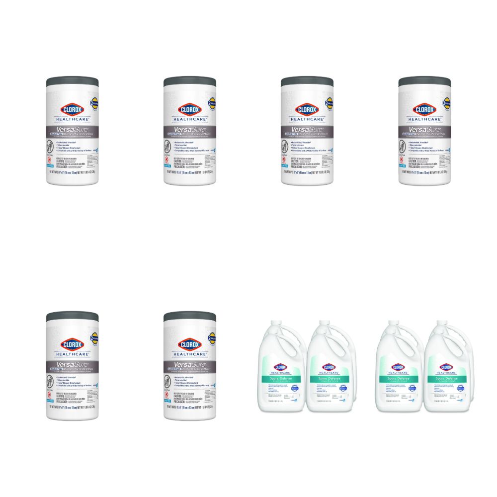 Clorox Healthcare Facility Restock Bundle — 6 VersaSure Canisters and 4 Spore Defense Gallons — complete purchase quantity shown