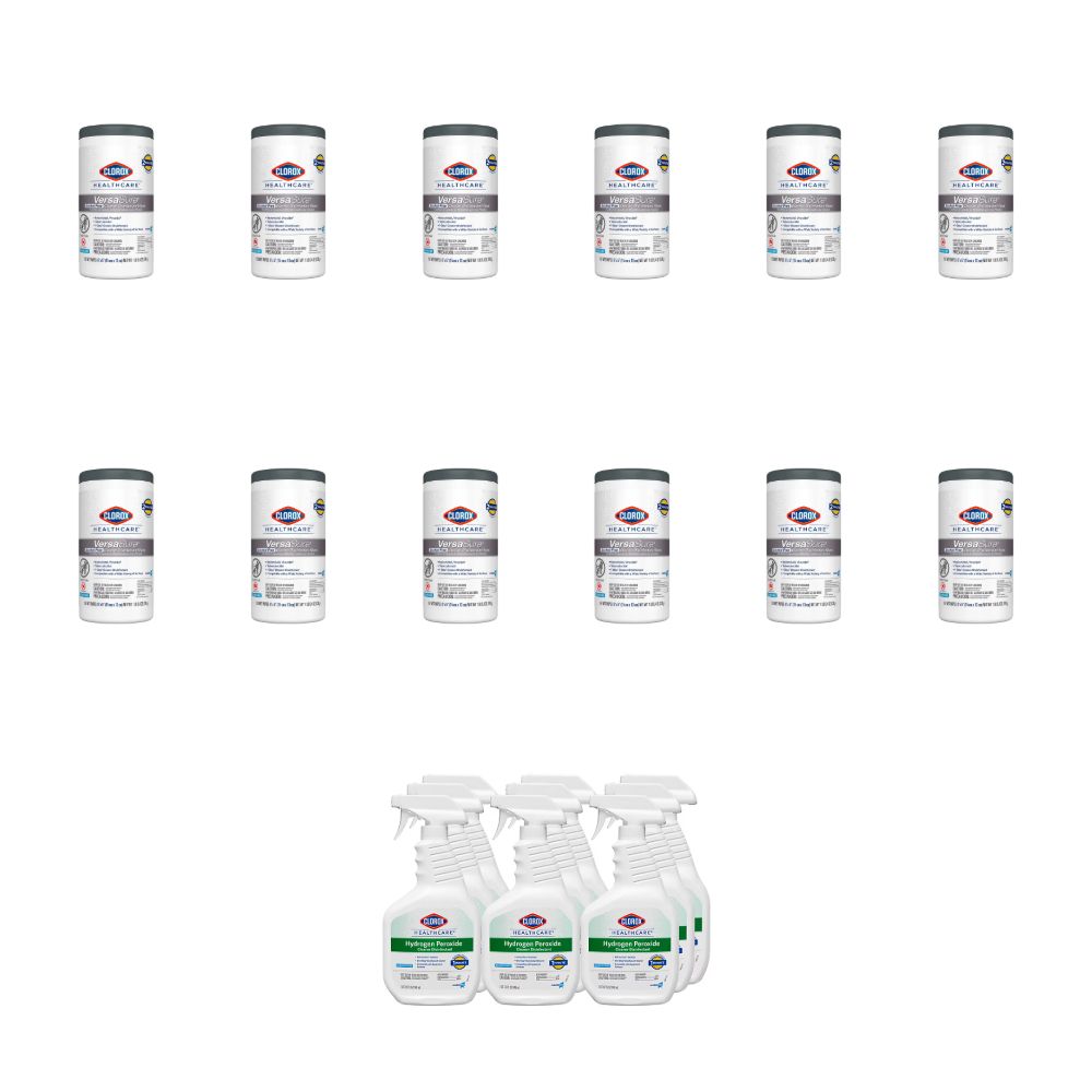 Clorox Healthcare Wipes and Peroxide Spray Restock Bundle — 12 Canisters and 9 Bottles — complete purchase quantity shown