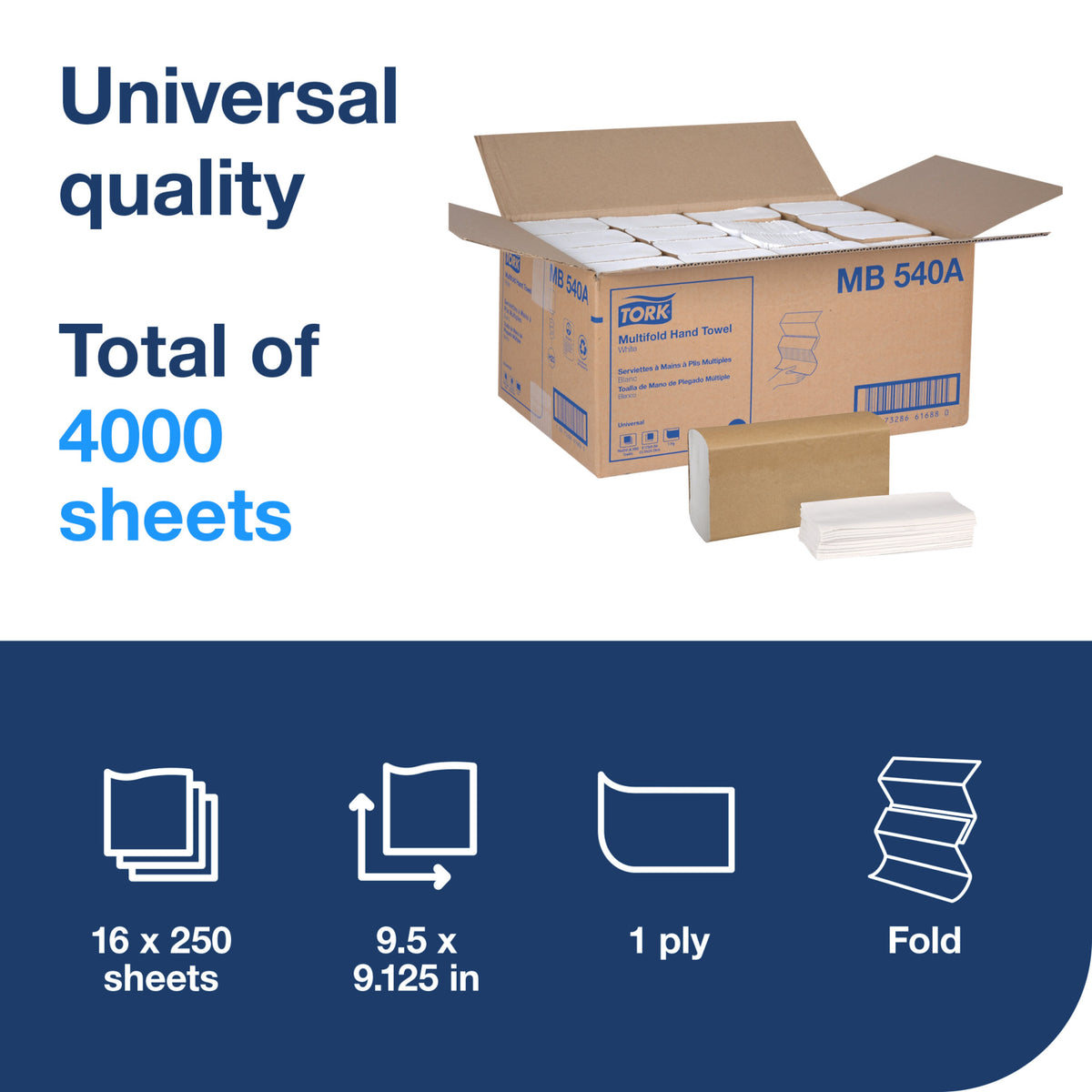 Tork Universal Multifold Hand Towels, White, 250/Pack, 16/Case – MB540A — additional product view