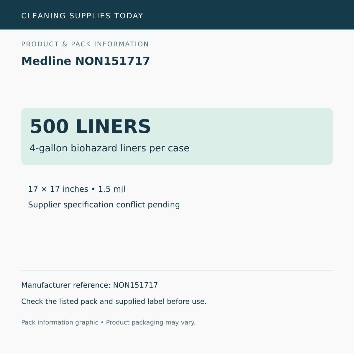 Pack information: Medline NON151717; 4-gallon biohazard liners per case; manufacturer reference NON151717