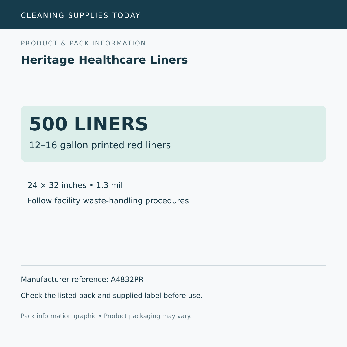 Pack information: Heritage Healthcare Liners; 12–16 gallon printed red liners; manufacturer reference A4832PR