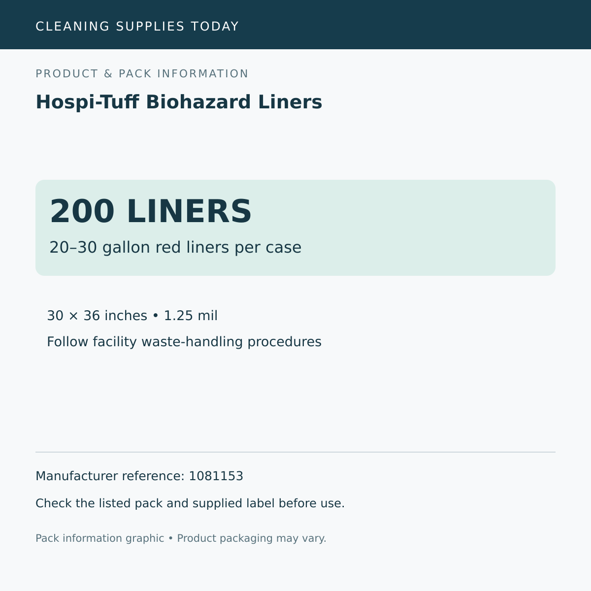 Pack information: Hospi-Tuff Biohazard Liners; 20–30 gallon red liners per case; manufacturer reference 1081153