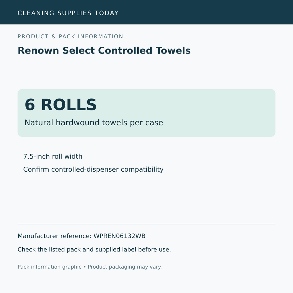 Pack information: Renown Select Controlled Towels; Natural hardwound towels per case; manufacturer reference WPREN06132WB