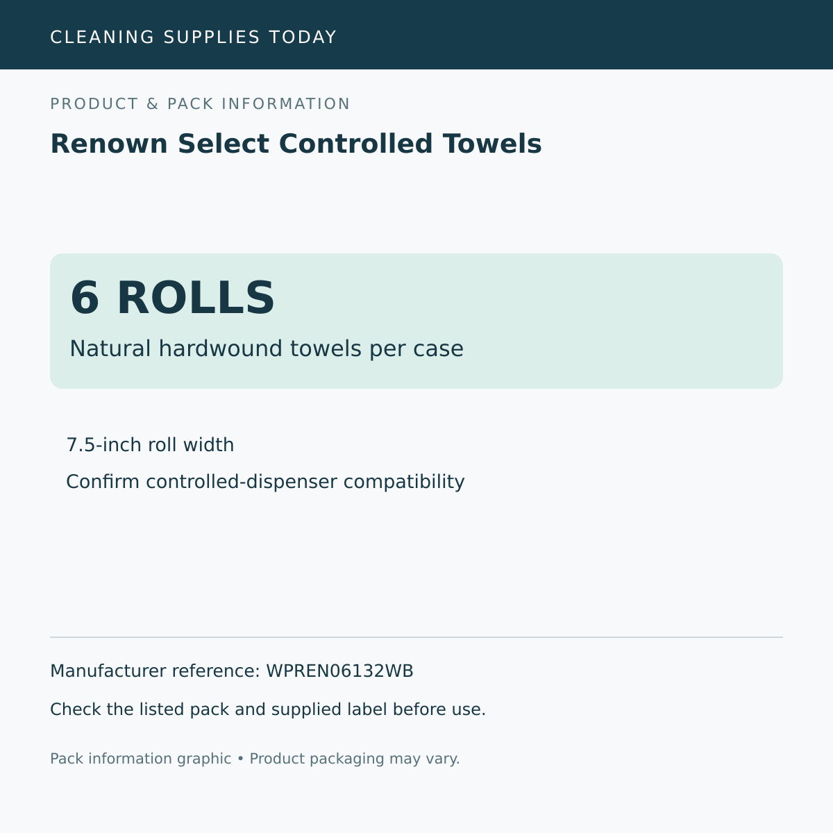 Pack information: Renown Select Controlled Towels; Natural hardwound towels per case; manufacturer reference WPREN06132WB