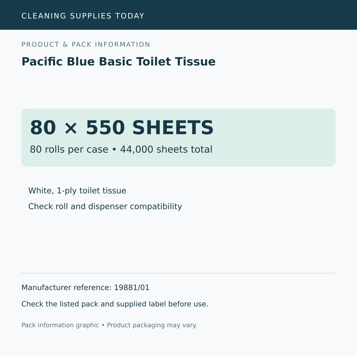 Pack information: Pacific Blue Basic Toilet Tissue; 80 rolls per case • 44,000 sheets total; manufacturer reference 19881/01