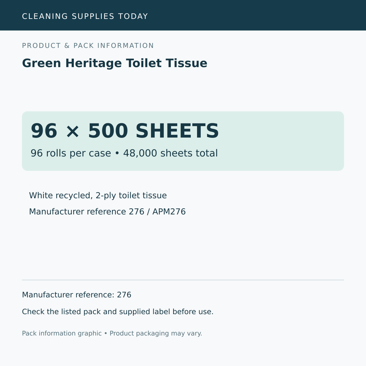 Pack information: Green Heritage Toilet Tissue; 96 rolls per case • 48,000 sheets total; manufacturer reference 276