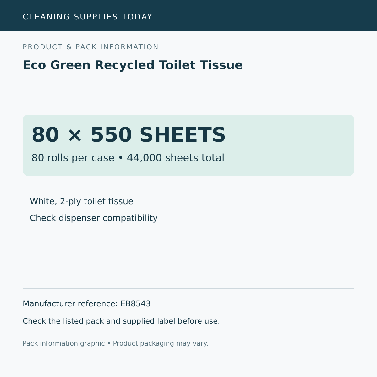 Pack information: Eco Green Recycled Toilet Tissue; 80 rolls per case • 44,000 sheets total; manufacturer reference EB8543