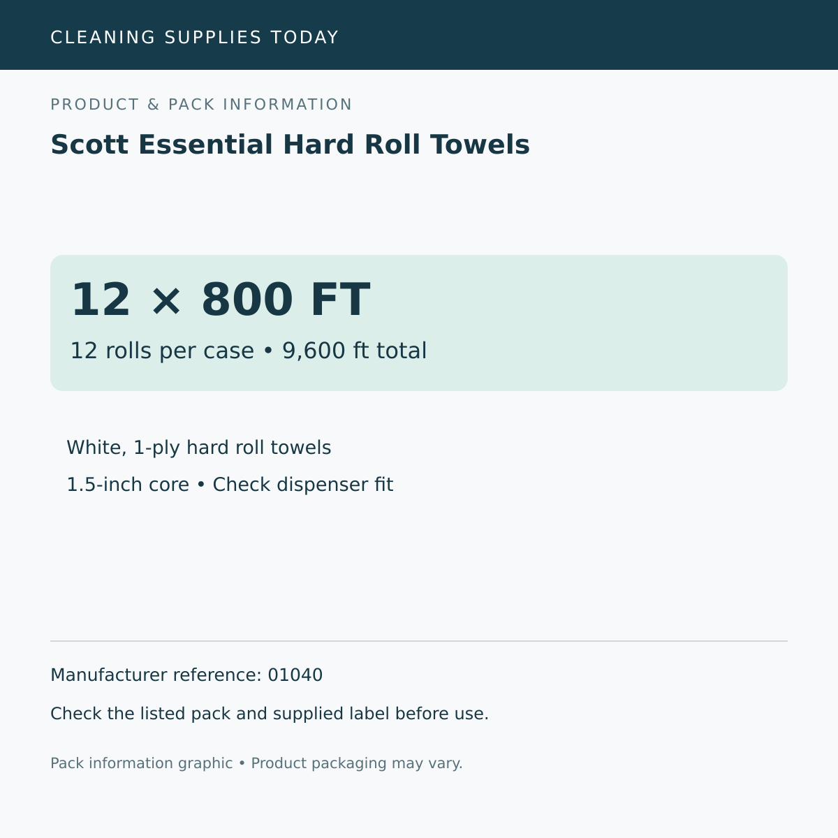Pack information: Scott Essential Hard Roll Towels; 12 rolls per case • 9,600 ft total; manufacturer reference 01040