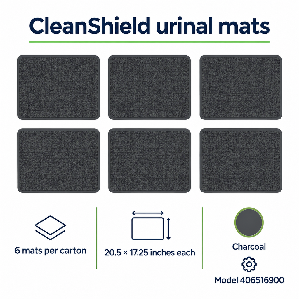 Informational illustration: six charcoal CleanShield mats, 20.5 × 17.25 inches each
