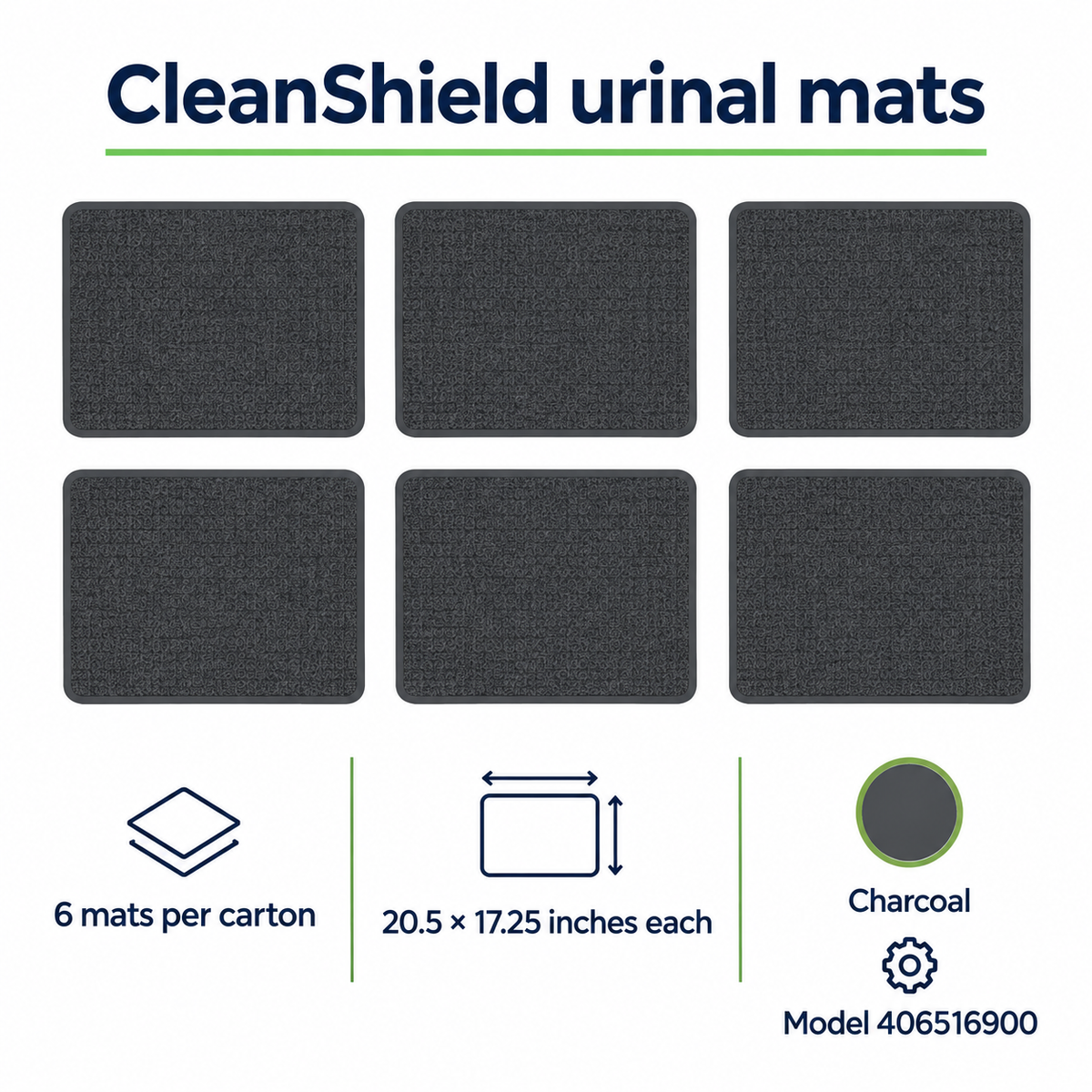 Informational illustration: six charcoal CleanShield mats, 20.5 × 17.25 inches each