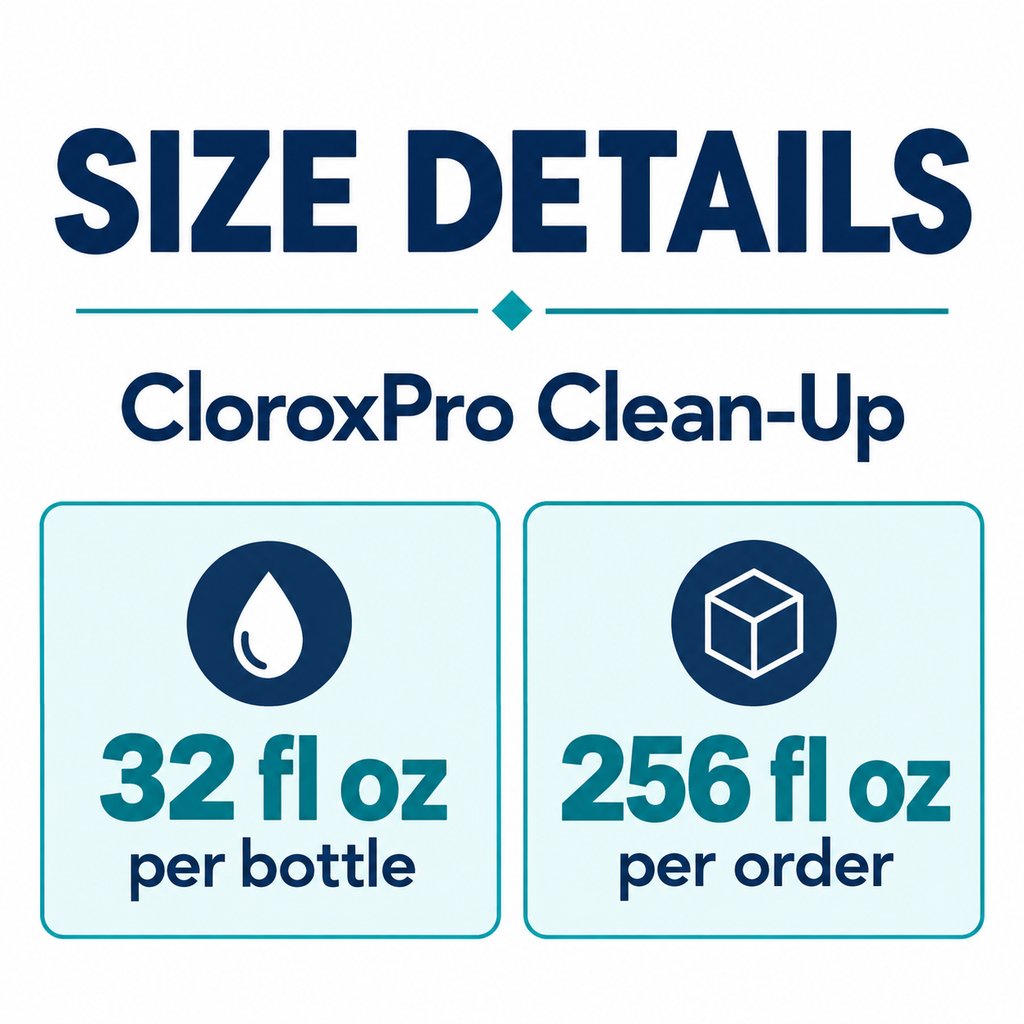CloroxPro Clean-Up size guide: 32 fl oz per bottle, 256 fl oz per order