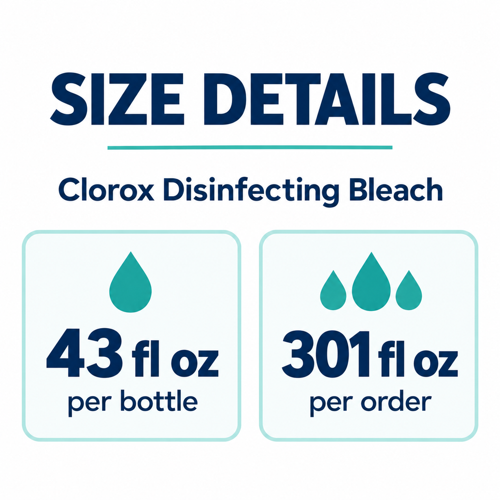 Clorox Disinfecting Bleach size guide: 43 fl oz per bottle, 301 fl oz per order