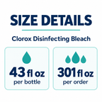 Clorox Disinfecting Bleach size guide: 43 fl oz per bottle, 301 fl oz per order