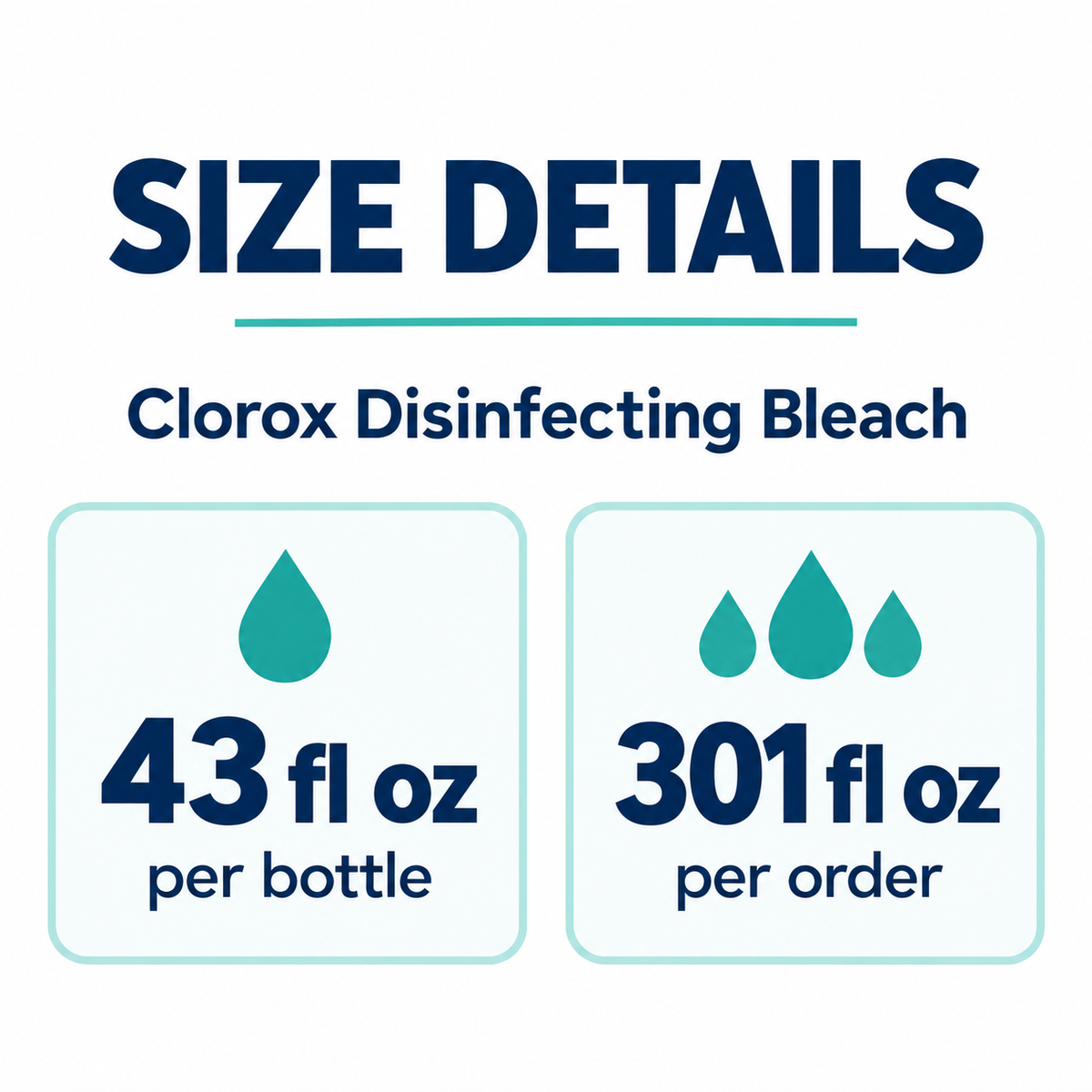 Clorox Disinfecting Bleach size guide: 43 fl oz per bottle, 301 fl oz per order