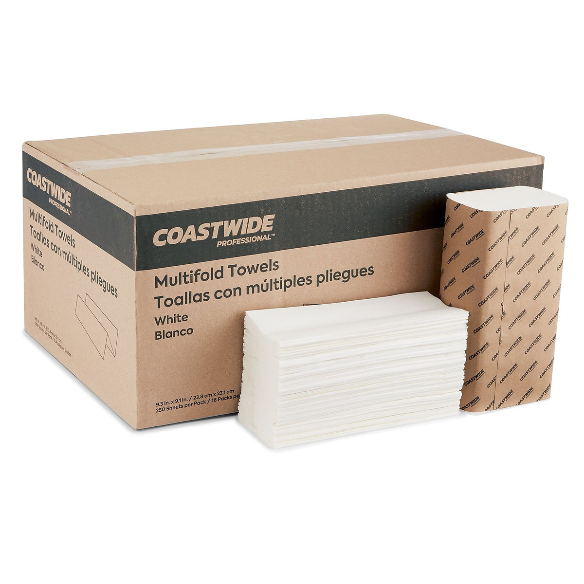 Coastwide Professional CW58045 white multifold towels, carton, wrapped pack and towel stack