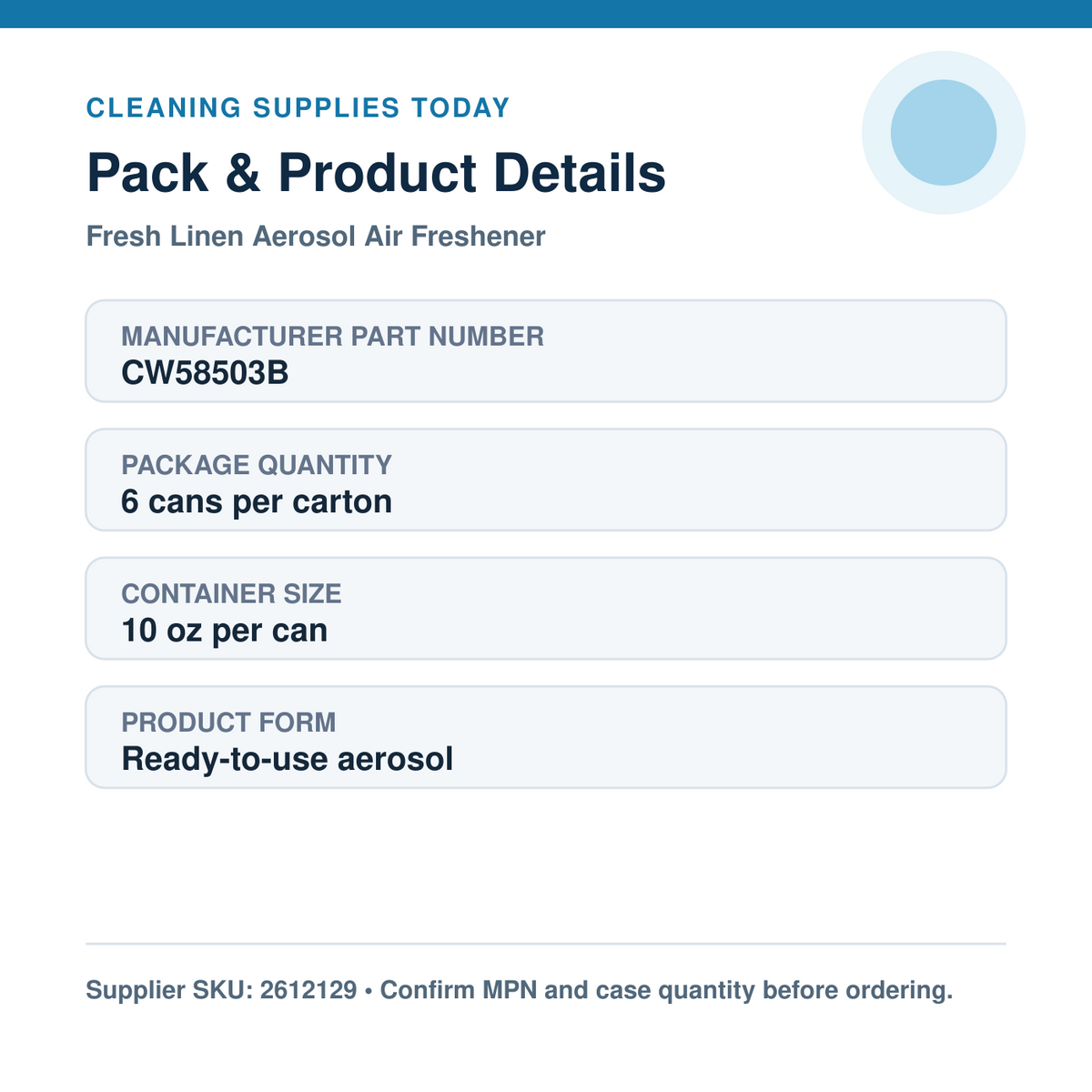 Coastwide Professional Fresh Linen CW58503B package quantity, size and ordering details