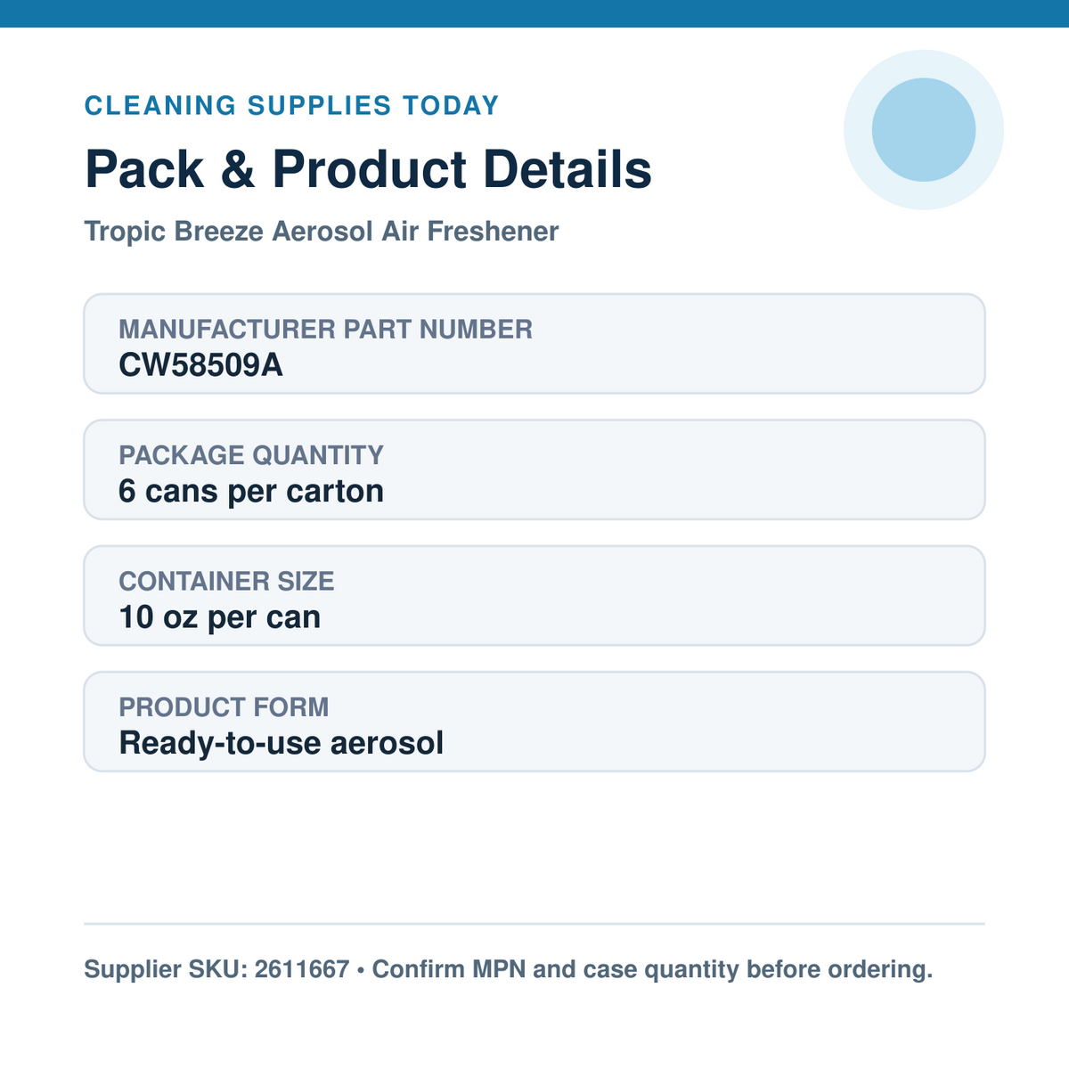Coastwide Professional Tropic Breeze CW58509A package quantity, size and ordering details