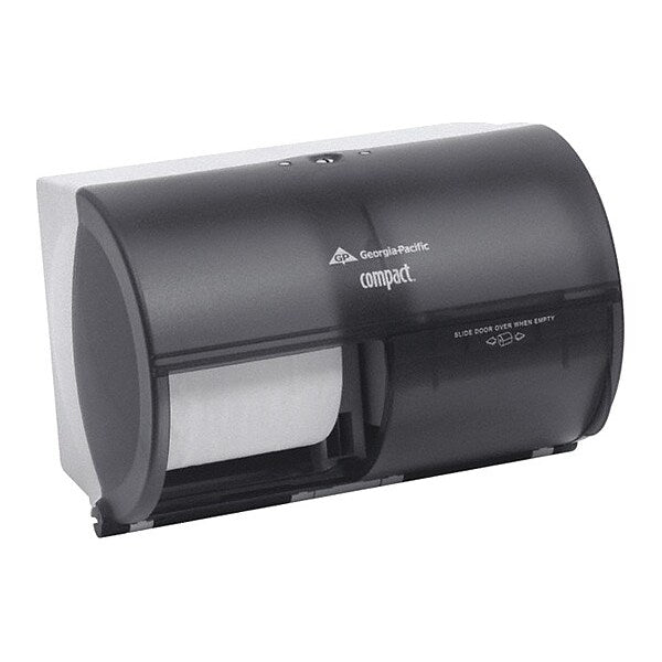 Compact coreless toilet paper dispenser with roll installed