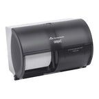 Compact coreless toilet paper dispenser with roll installed