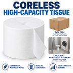 Coreless high-capacity commercial toilet tissue features