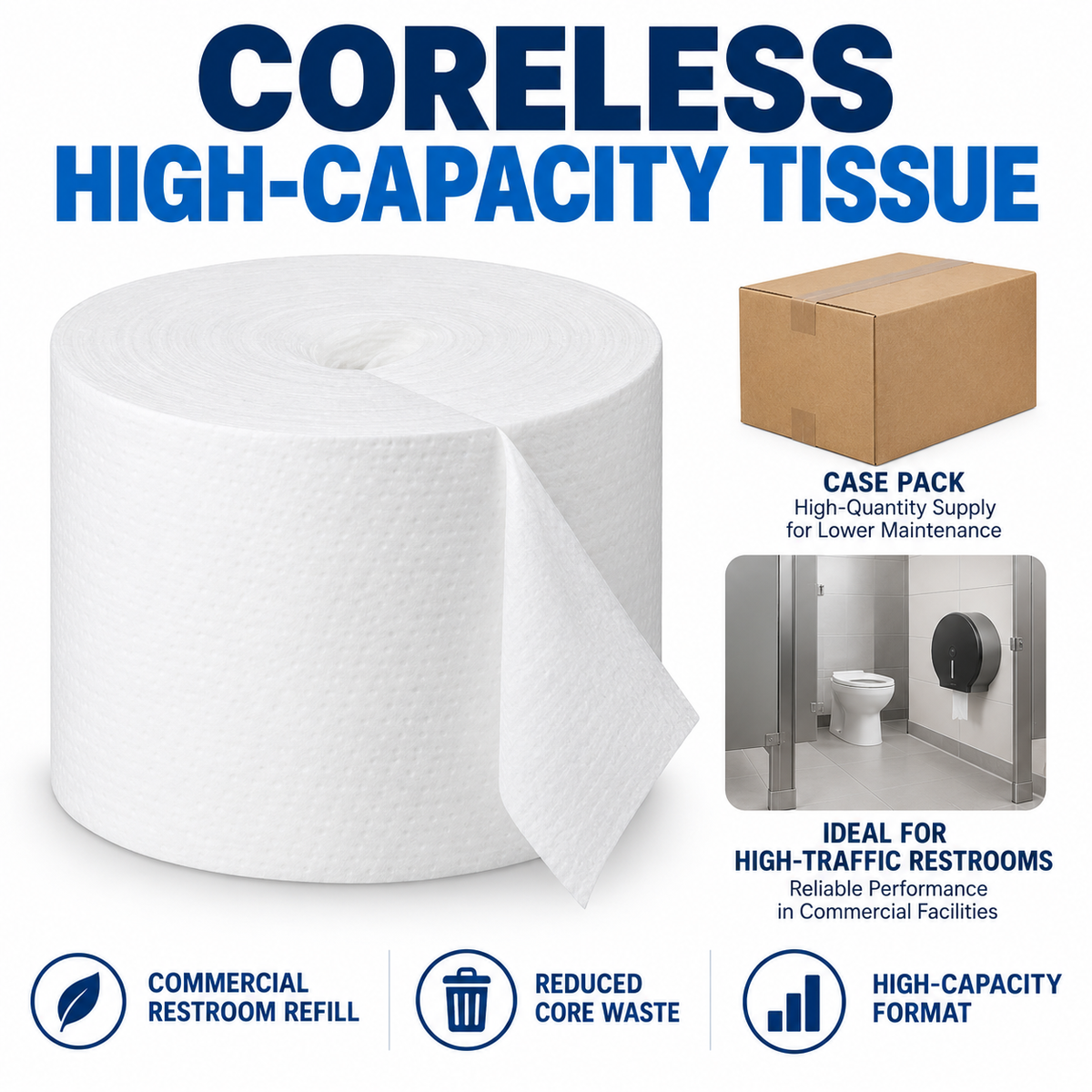 Coreless high-capacity commercial toilet tissue features