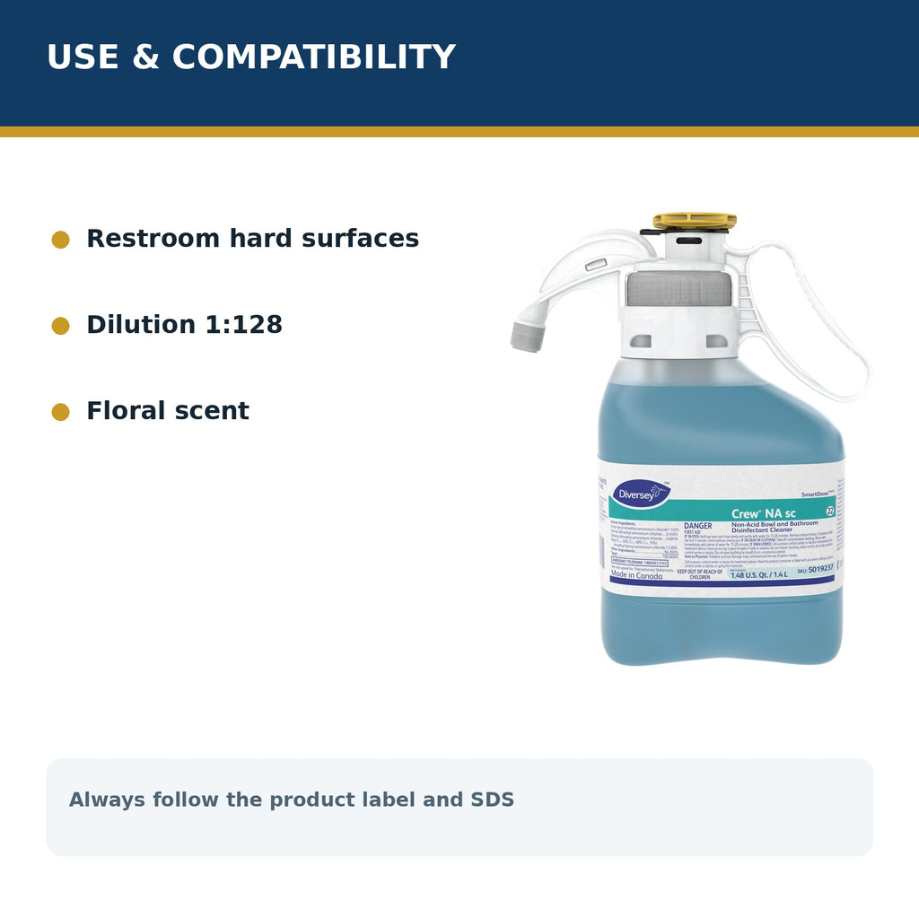 Diversey Crew Non-Acid SmartDose disinfectant — use and surface compatibility