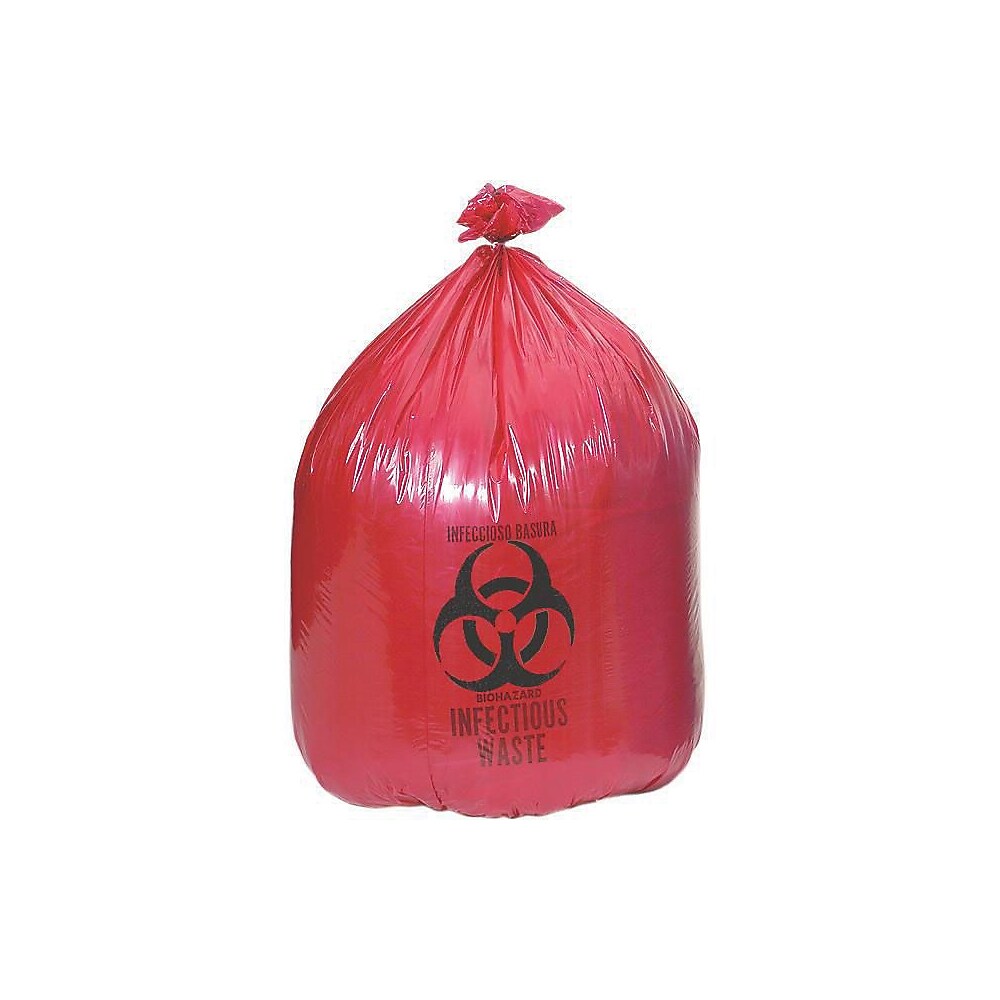Medline NON151717 red biohazard liner; representative bag, supplied as 500 bags per case.