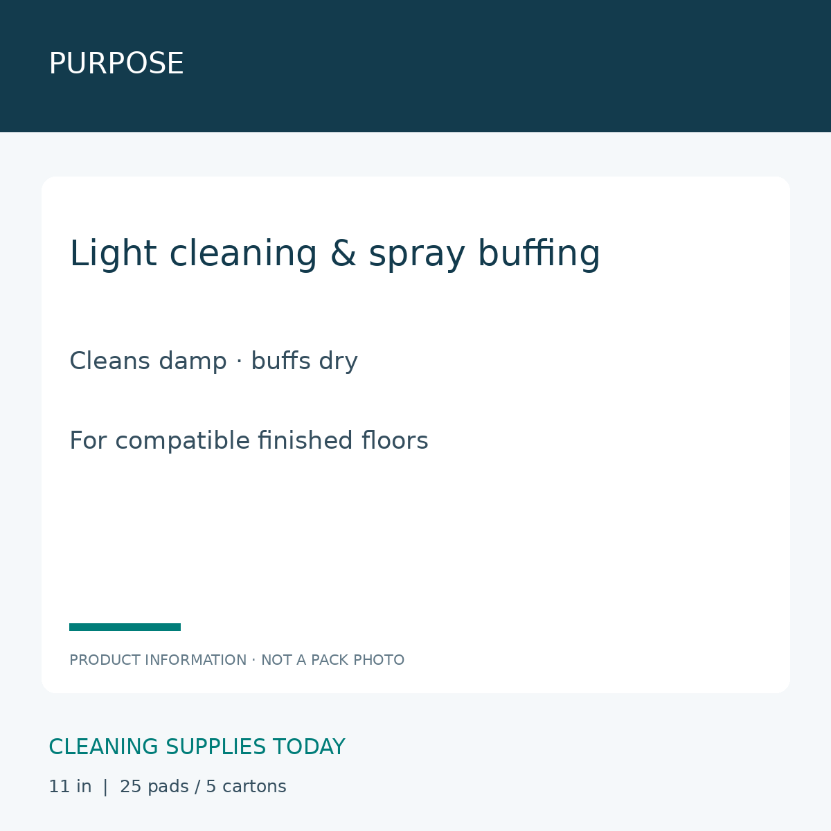 3M Red Buffer Pads 5100 11 in — PURPOSE; Light cleaning & spray buffing; Cleans damp · buffs dry; For compatible finished floors