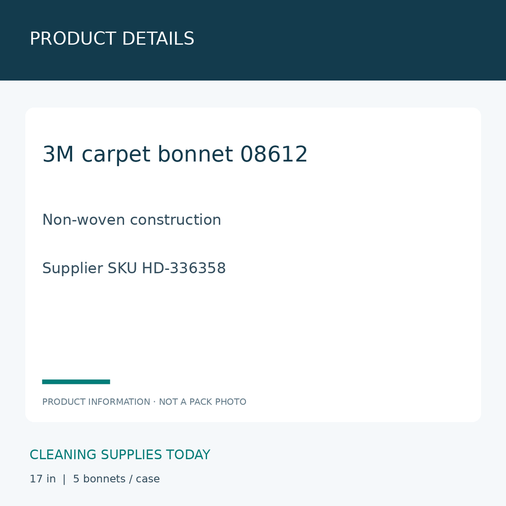 3M White Carpet Bonnets 17 in — PRODUCT DETAILS; 3M carpet bonnet 08612; Non-woven construction; Supplier SKU HD-336358