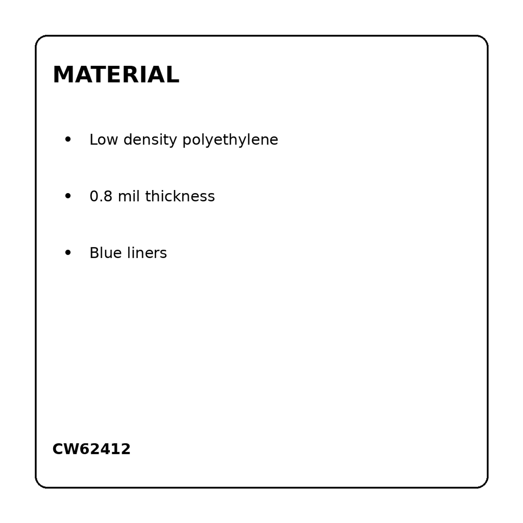 CW62412 material thickness and blue liner information
