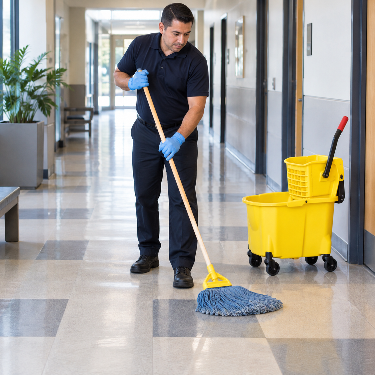 Commercial damp mopping application with mop bucket and wringer