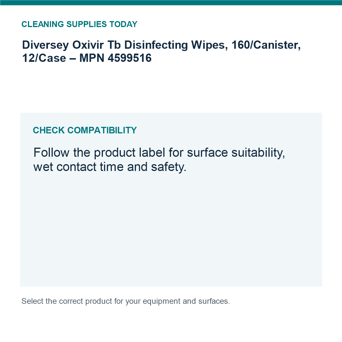 Diversey Oxivir Tb Disinfecting Wipes, 160/Canister, 12/Case – MPN 4599516 — compatibility guide