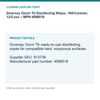 Diversey Oxivir Tb Disinfecting Wipes, 160/Canister, 12/Case – MPN 4599516 — details guide