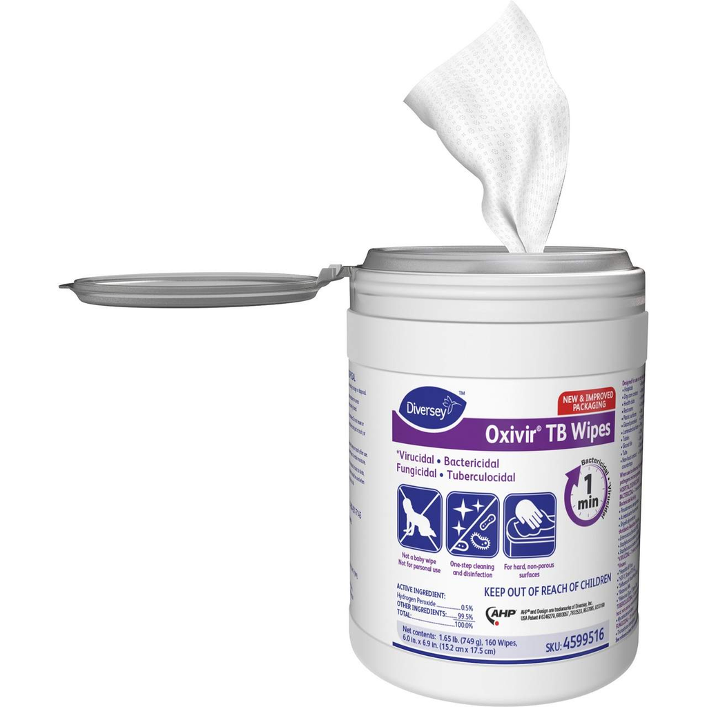 Diversey Oxivir Tb Wipes, 160-wipe canister with open lid — MPN 4599516; sold as 12 canisters per case
