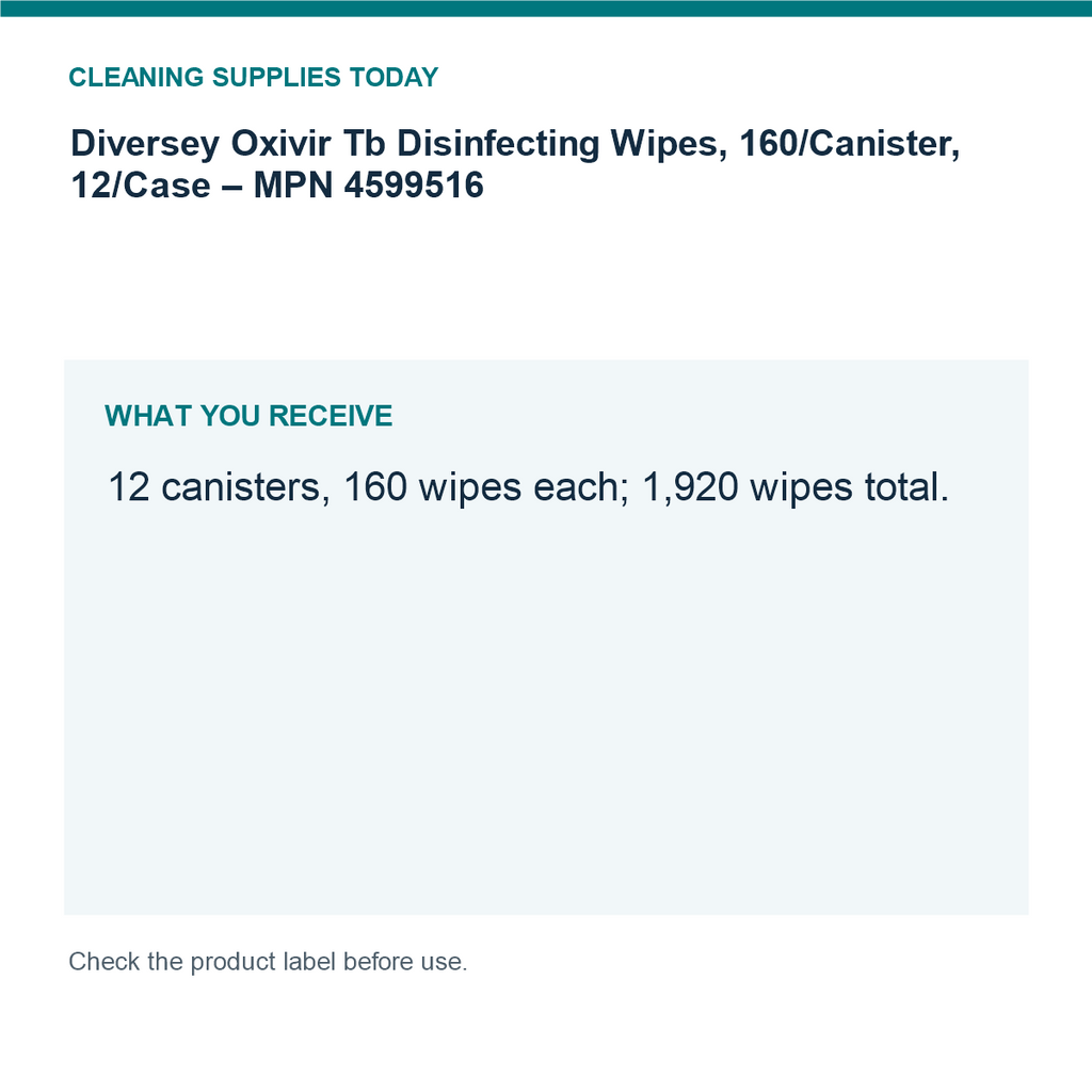 Diversey Oxivir Tb Disinfecting Wipes, 160/Canister, 12/Case – MPN 4599516 — pack guide