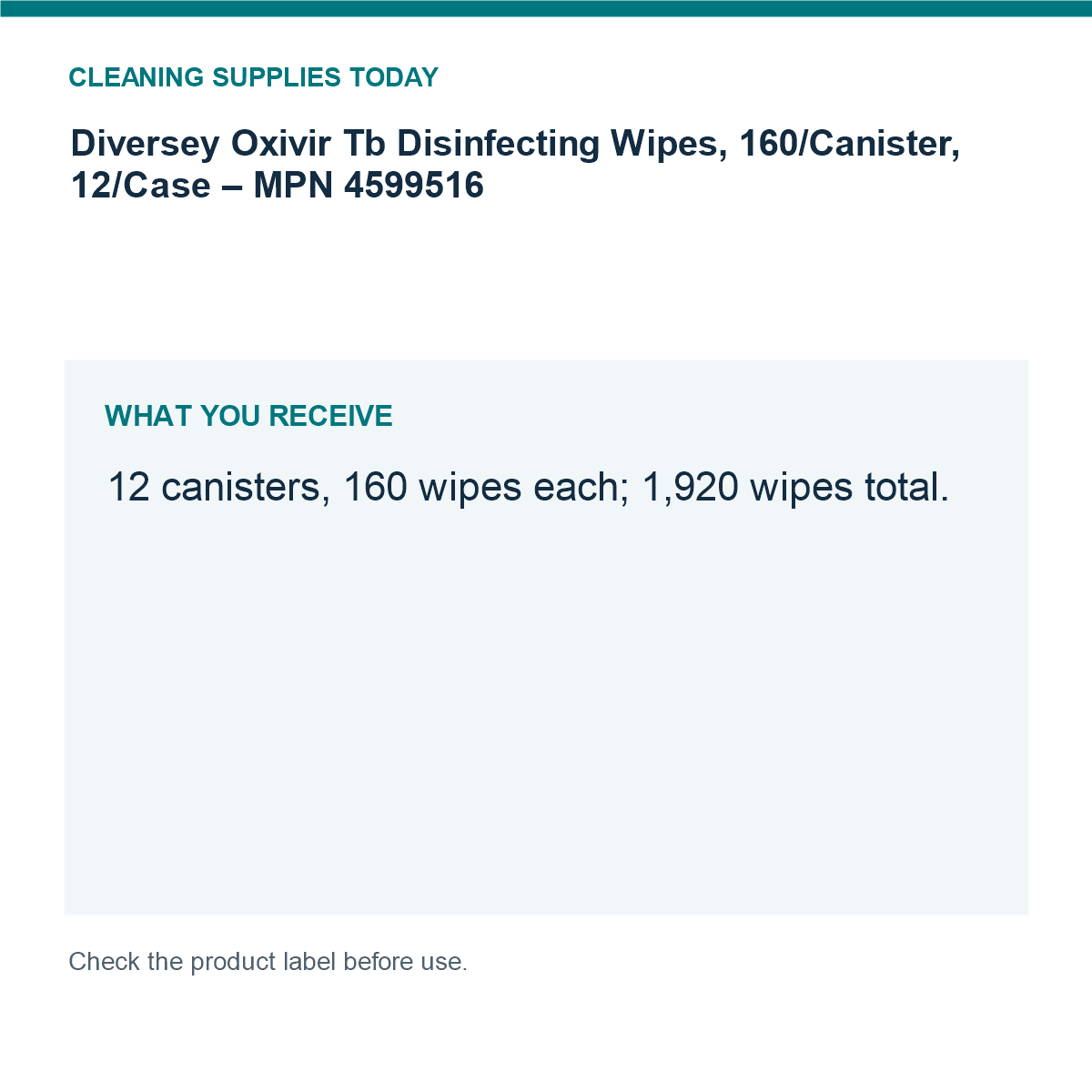 Diversey Oxivir Tb Disinfecting Wipes, 160/Canister, 12/Case – MPN 4599516 — pack guide