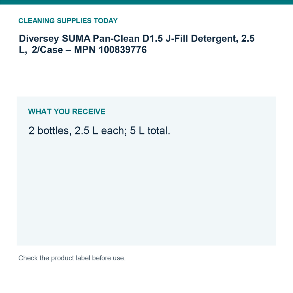 Diversey SUMA Pan-Clean D1.5 J-Fill Detergent, 2.5 L, 2/Case – MPN 100839776 — pack contents