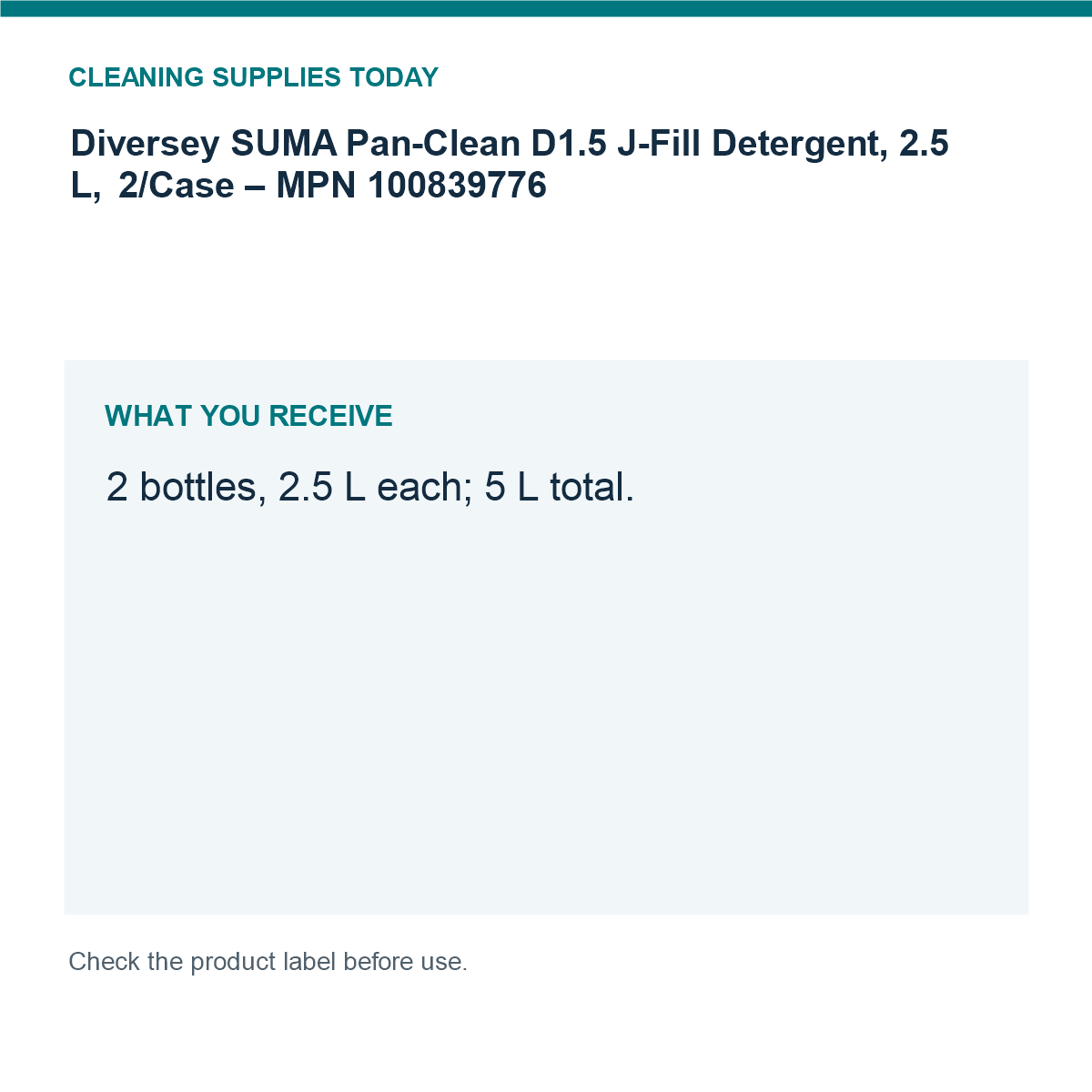 Diversey SUMA Pan-Clean D1.5 J-Fill Detergent, 2.5 L, 2/Case – MPN 100839776 — pack contents