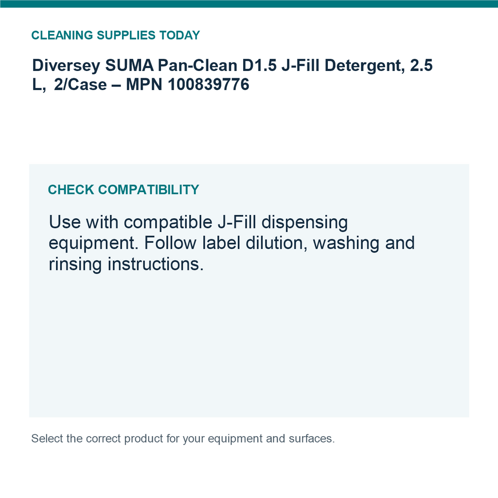 Diversey SUMA Pan-Clean D1.5 J-Fill Detergent, 2.5 L, 2/Case – MPN 100839776 — compatibility guide