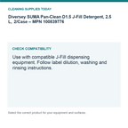 Diversey SUMA Pan-Clean D1.5 J-Fill Detergent, 2.5 L, 2/Case – MPN 100839776 — compatibility guide
