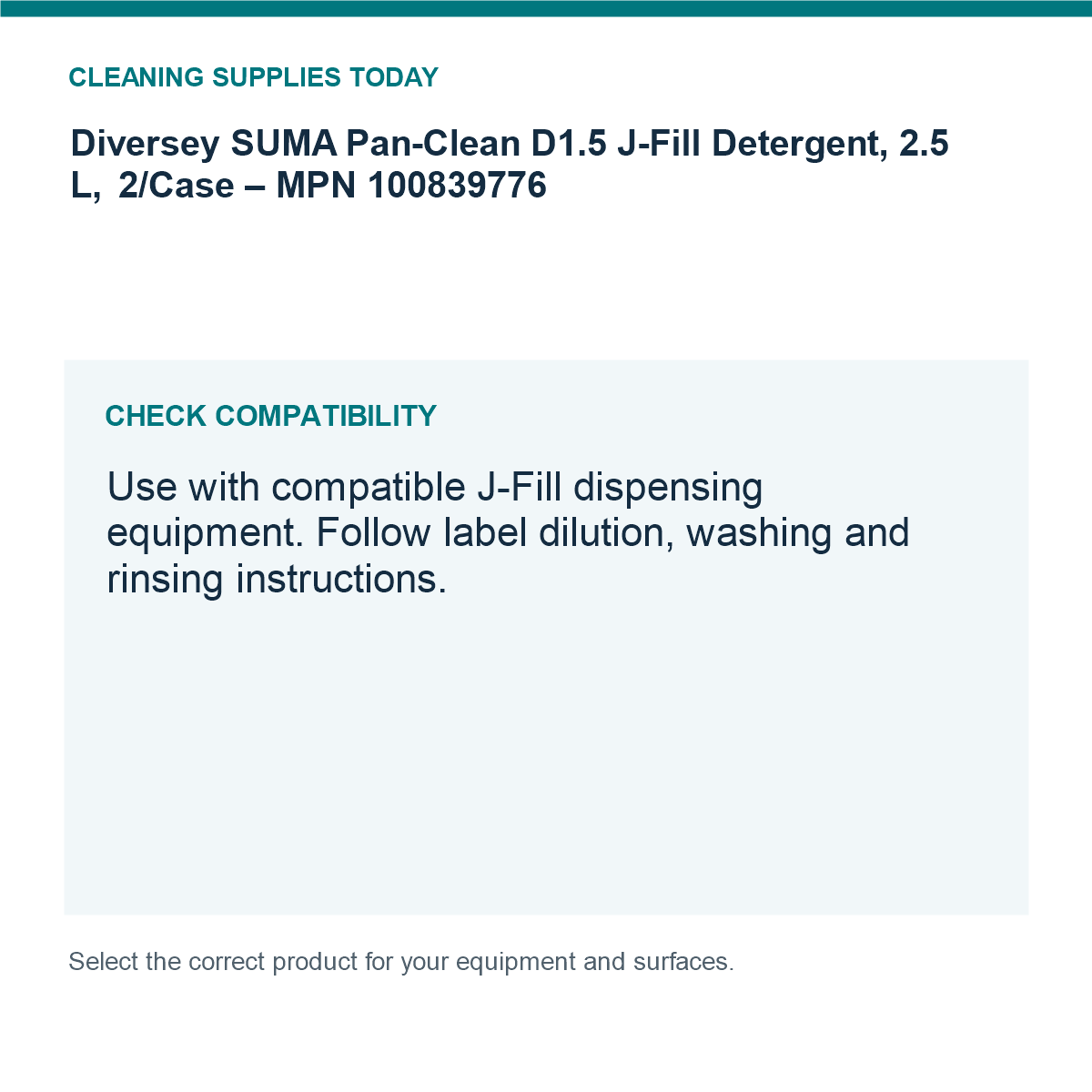 Diversey SUMA Pan-Clean D1.5 J-Fill Detergent, 2.5 L, 2/Case – MPN 100839776 — compatibility guide
