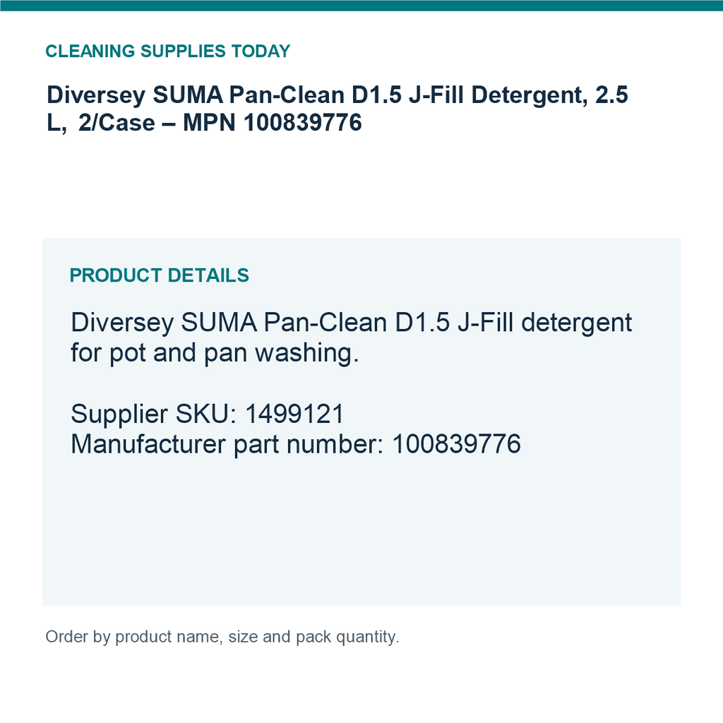 Diversey SUMA Pan-Clean D1.5 J-Fill Detergent, 2.5 L, 2/Case – MPN 100839776 — details guide
