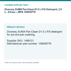 Diversey SUMA Pan-Clean D1.5 J-Fill Detergent, 2.5 L, 2/Case – MPN 100839776 — details guide