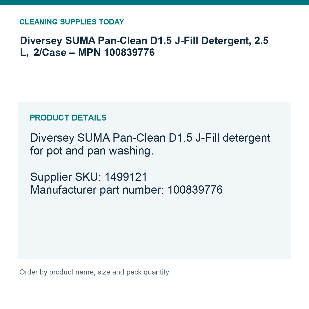 Diversey SUMA Pan-Clean D1.5 J-Fill Detergent, 2.5 L, 2/Case – MPN 100839776 — details guide