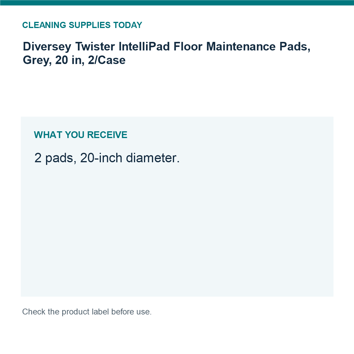 Diversey Twister IntelliPad Floor Maintenance Pads, Grey, 20 in, 2/Case – MPN DDT800353 — pack guide